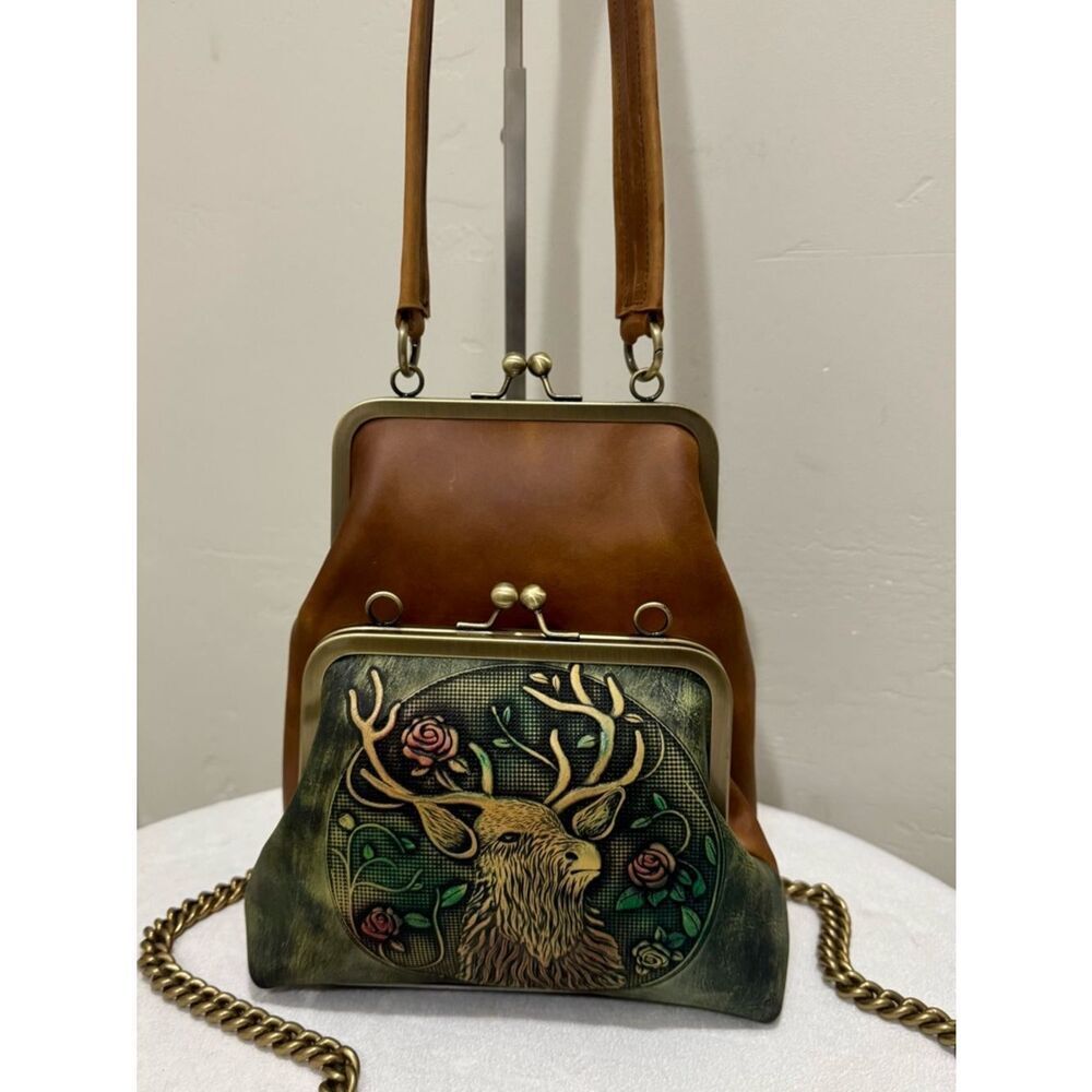 Unique Crazy Horse Cowhide Kisslock Double Frame Bag & Hand-Tooled Textured Deer